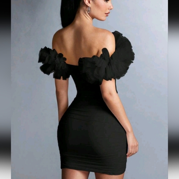 Women's Solid Color Off Shoulder Mesh Ruffle Trim Wrap Dress - Picture 2 of 4